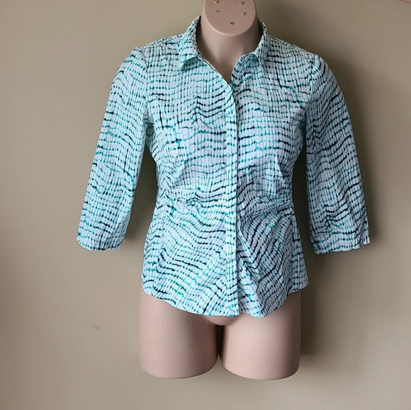 Lafayette 148 New York women's button down shirt stretch sz. 8 white/green/black - Picture 1 of 10